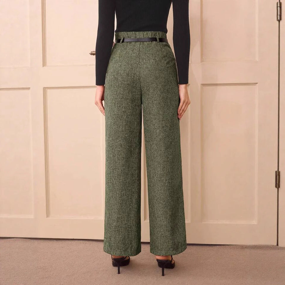 Pantalon droit vintage décontracté en lin mélangé taille haute.