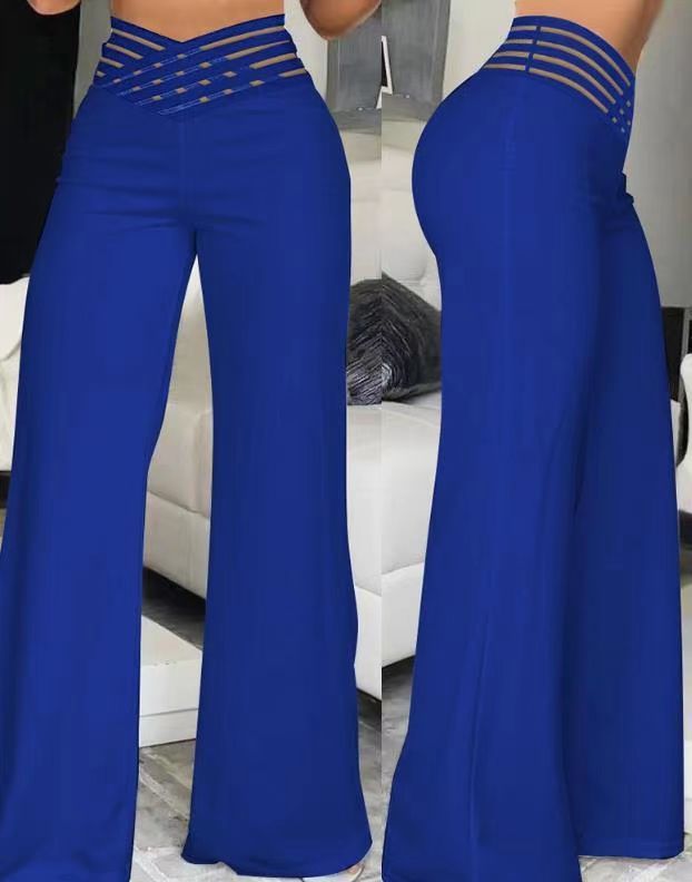 Women's Hollow Belt High Waist Casual Straight Loose Trousers Wide Leg Pants