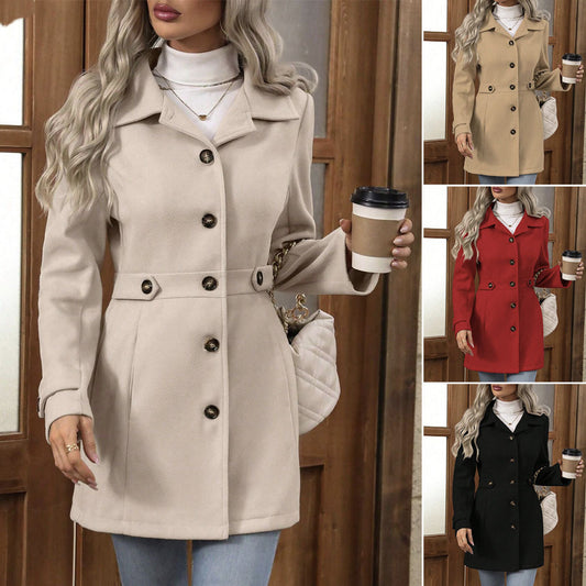 Manteau mi-long en laine à revers élégant et coupe slim