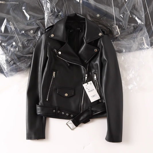 Veste zippée en cuir PU noir pour femme