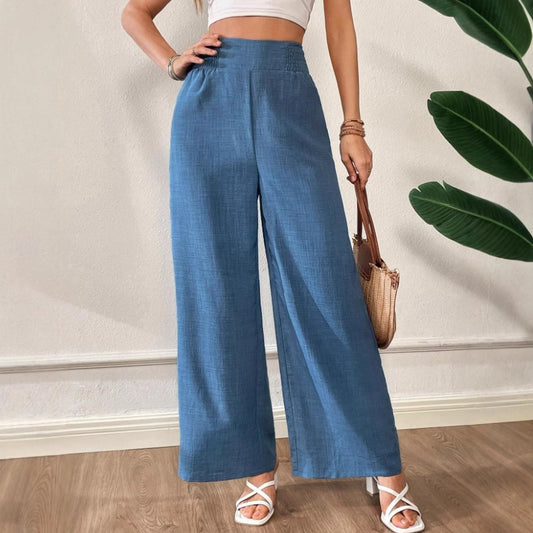 Pantalon large amincissant taille haute de couleur unie pour femme