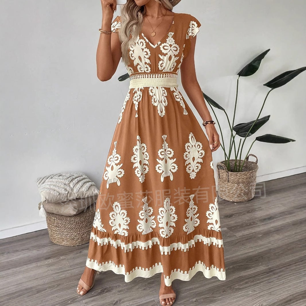 Vacation Style Printed V-neck Large Swing Dress