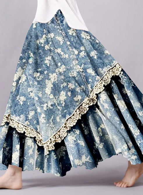 Vintage Floral Lace Patchwork Art Flowy Midi Skirt