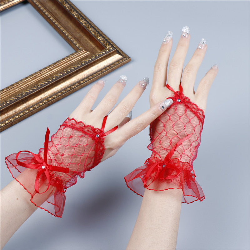 Manchettes sans doigts en maille et dentelle avec nœud pour fille