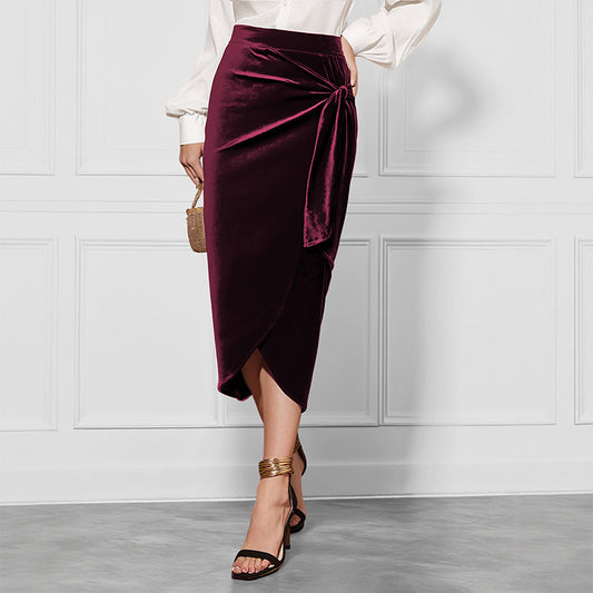 Nouvelle jupe torsadée de couleur unie, robe en velours fendue pour l'automne et l'hiver