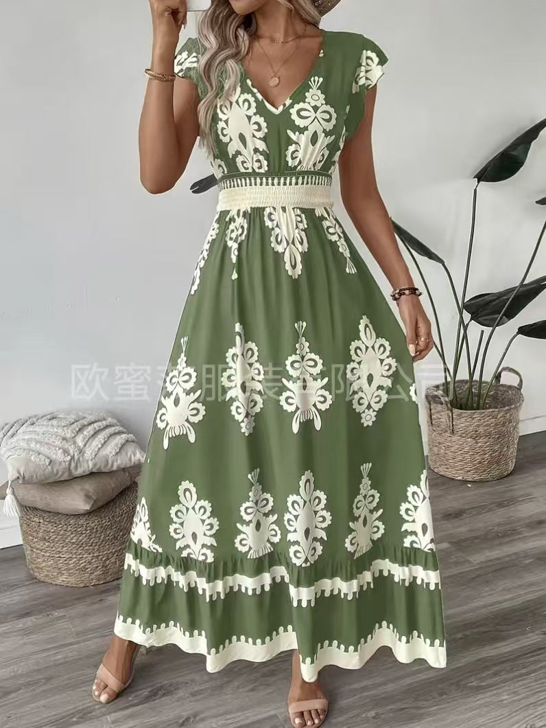 Vacation Style Printed V-neck Large Swing Dress