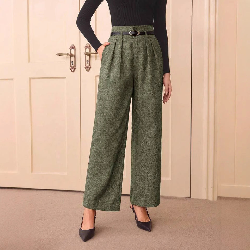 Pantalon droit vintage décontracté en lin mélangé taille haute.