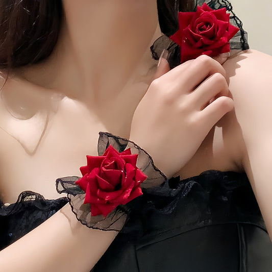 Manchettes de poignet en dentelle à motif rose pour femmes