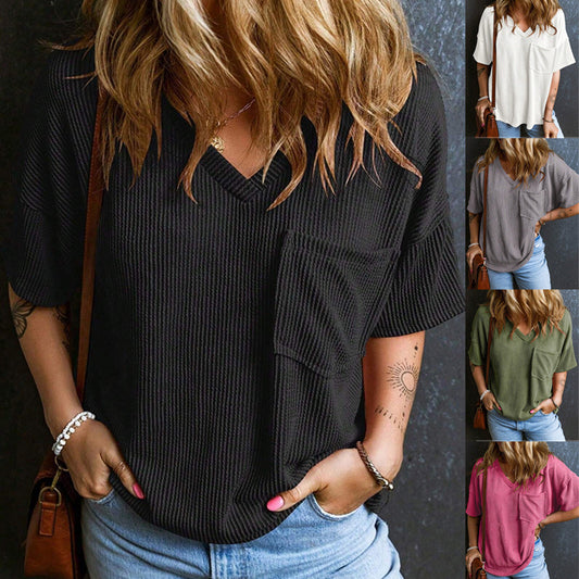Pull tendance à manches courtes et col en V pour femme