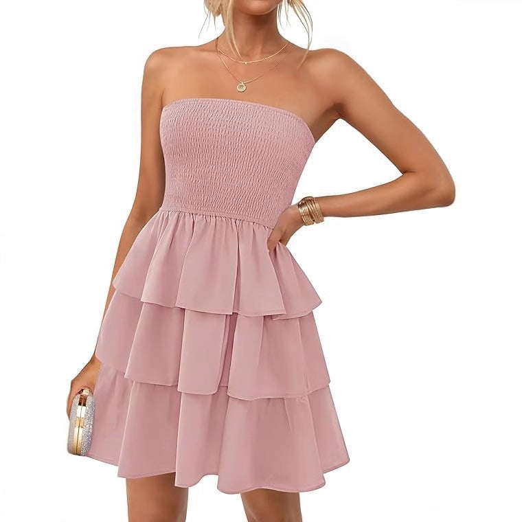 Women's Summer Pleated Tube Top Dress Off-the-shoulder Dress