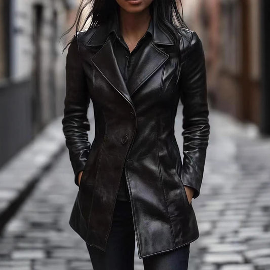 Manteau mi-long en cuir PU pour femme, style décontracté et tendance