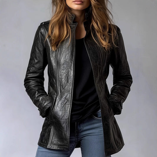Manteau en cuir vieilli à manches longues et col montant pour femme