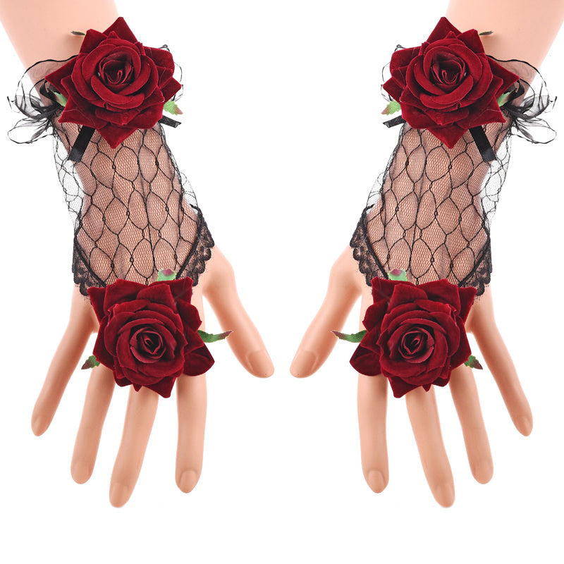 Gants en dentelle Lolita vintage, bracelet rose bordeaux