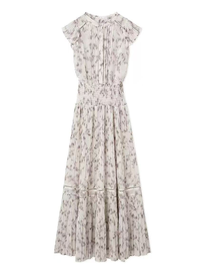Sweet Flying Sleeve Printed Waist-controlled Pleated Chiffon Dress