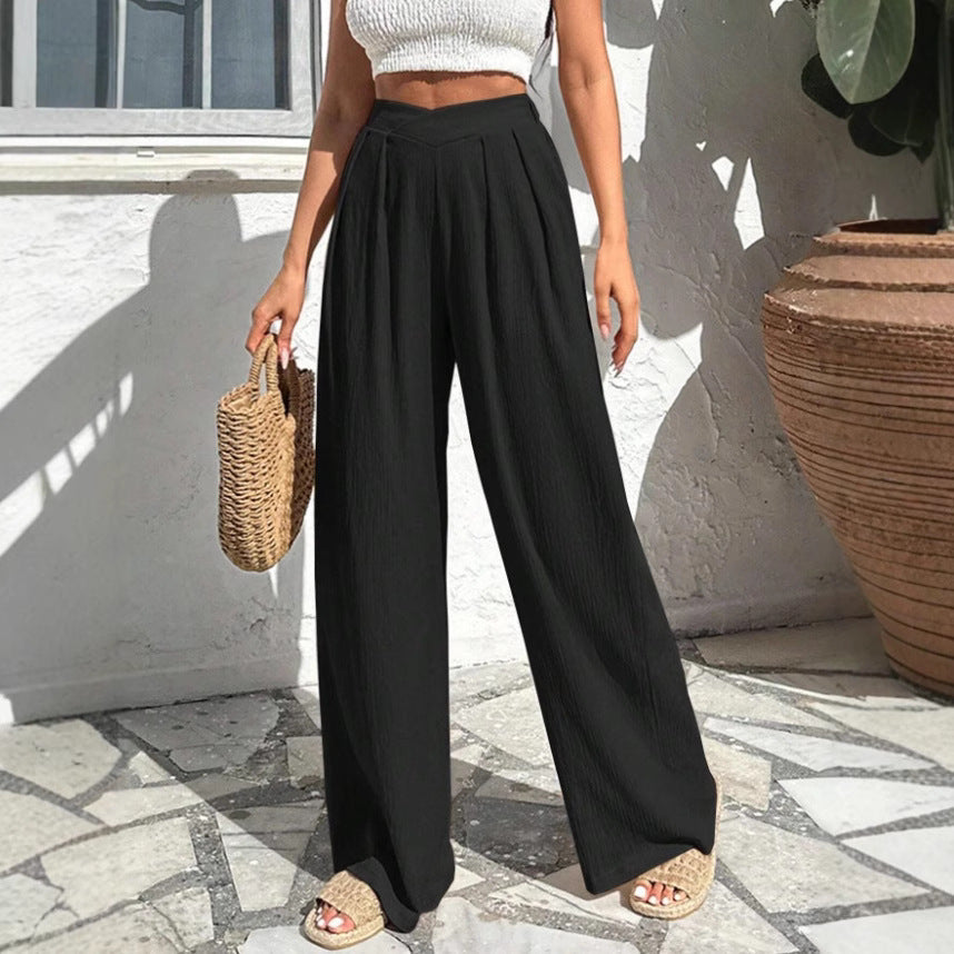 New Commute Style Summer Cross Pleated Casual High Waist Loose Trousers
