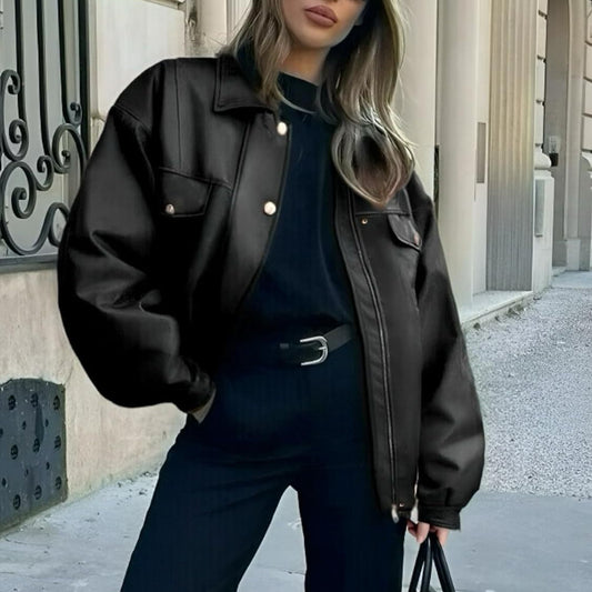 Veste en cuir pour femme, veste ample à manches longues et revers