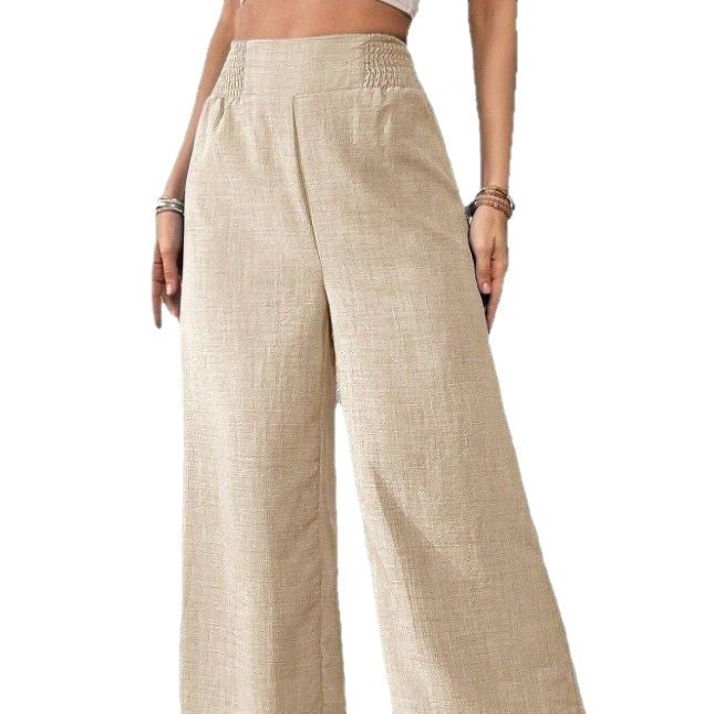 Pantalon large amincissant taille haute de couleur unie pour femme