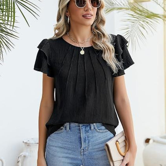 Top d’été à manches courtes plissé, col rond – chemise de travail élégante