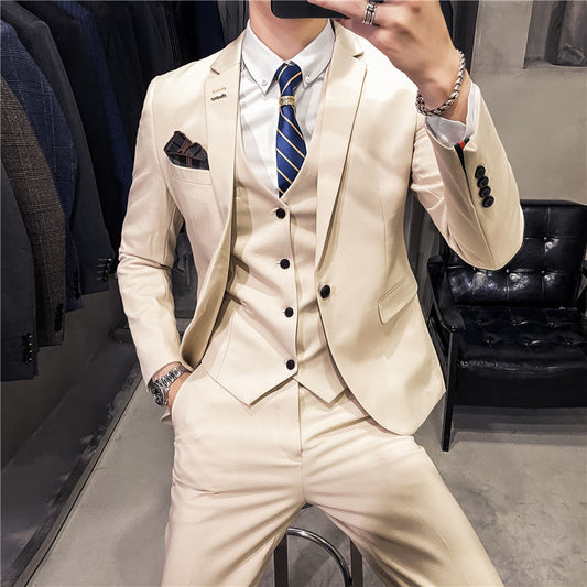 Costume trois pièces pour homme, style coréen, coupe cintrée, couleur unie