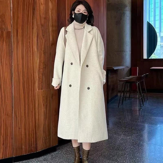 Manteau mi-long en laine pelucheuse avec col de costume, bouton et doublure