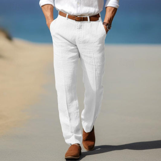 Pantalon décontracté en coton et lin pour homme, coupe droite, fin, couleur unie