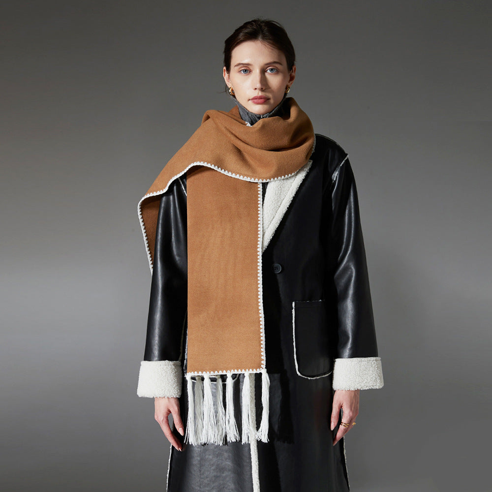New Double-faced Woolen Goods Tassel Solid Color Scarf Lengthened