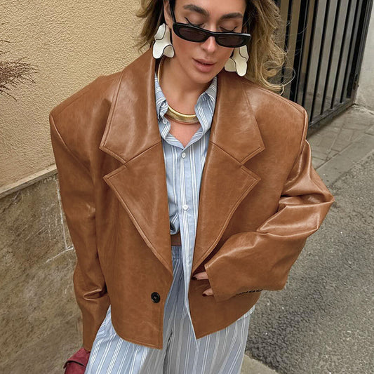 Veste en cuir PU à col de costume pour femme