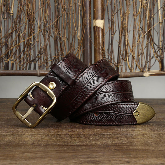 Ceinture à boucle en laiton double face en cuir de vache épais de 3,8 cm de large