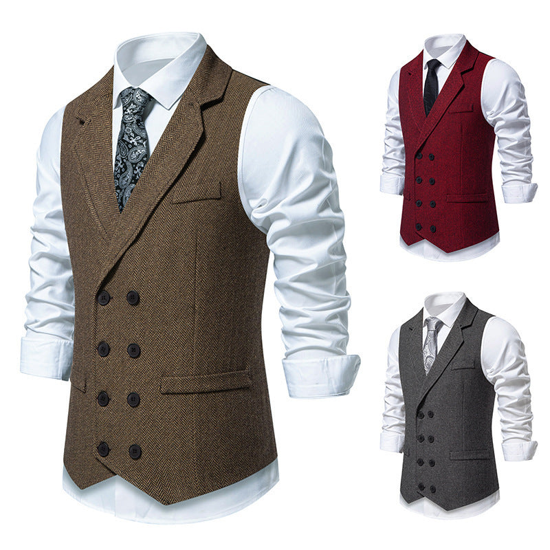 Gilet de costume en tweed à chevrons pour homme, revers rétro, gilet croisé
