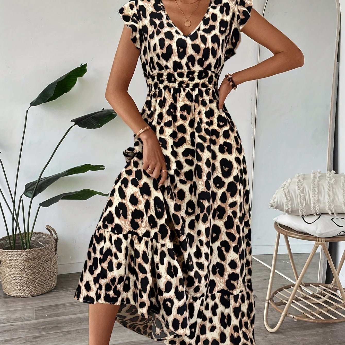 Vacation Style Printed V-neck Large Swing Dress