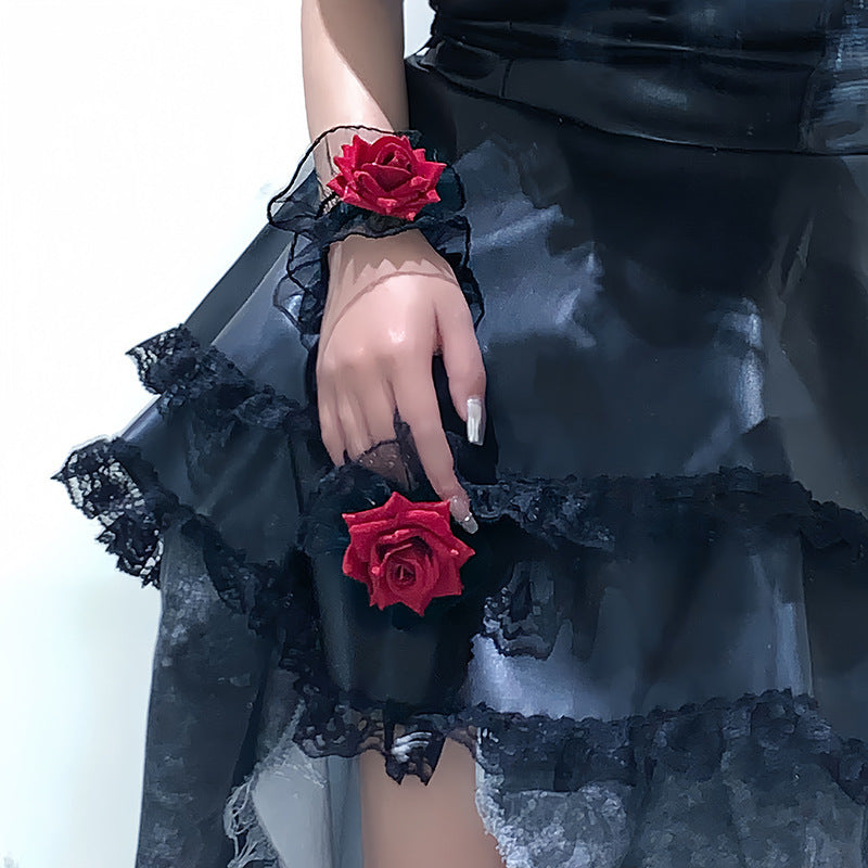 Manchettes de poignet en dentelle à motif rose pour femmes