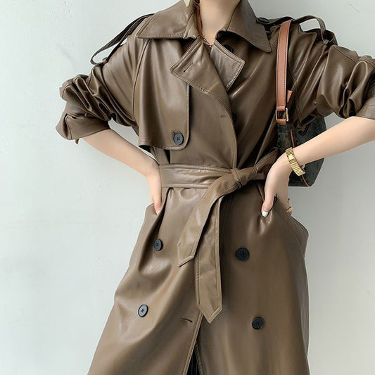 Manteau mi-long amincissant en PU pour femme de style rétro