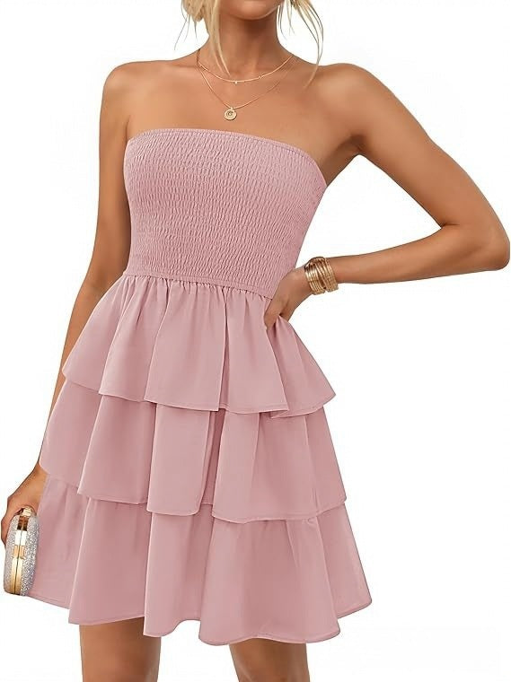 Women's Summer Pleated Tube Top Dress Off-the-shoulder Dress