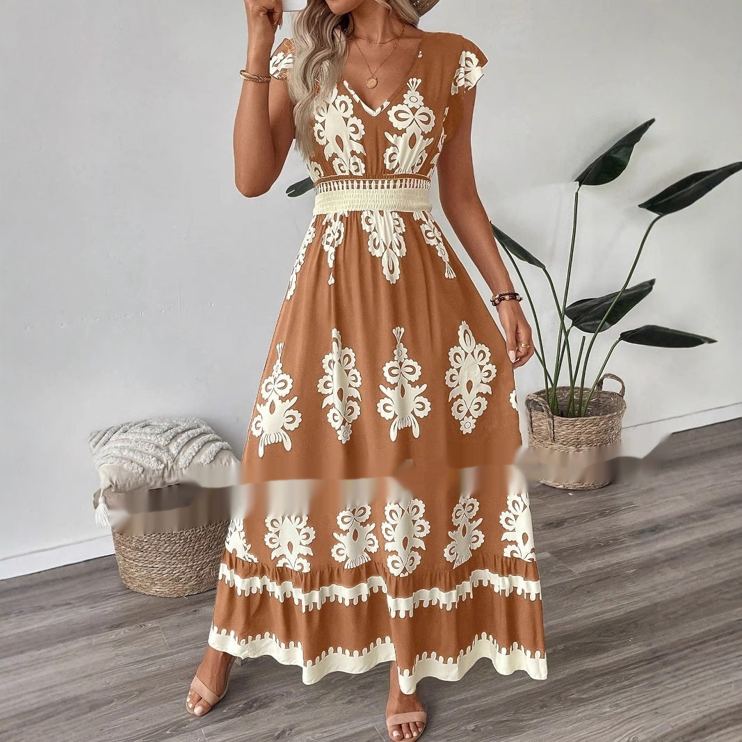 Vacation Style Printed V-neck Large Swing Dress