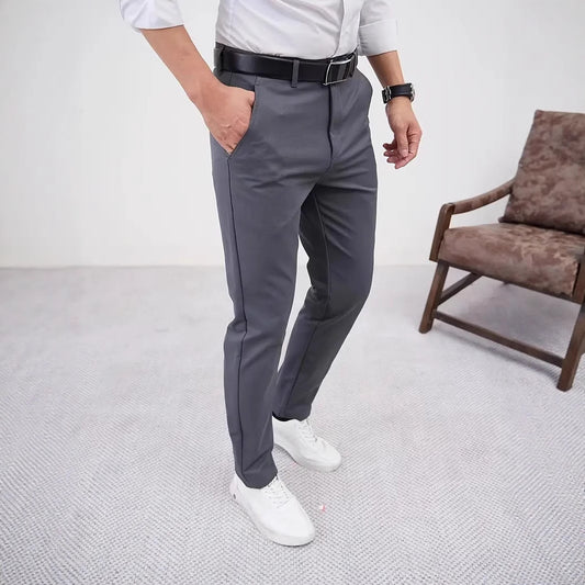 Pantalon droit fuselé décontracté pour homme, coupe slim, couleur unie