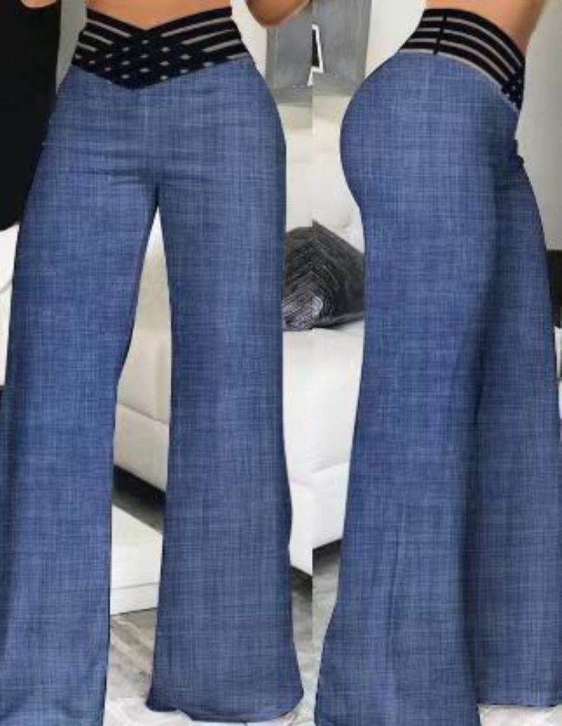 Women's Hollow Belt High Waist Casual Straight Loose Trousers Wide Leg Pants