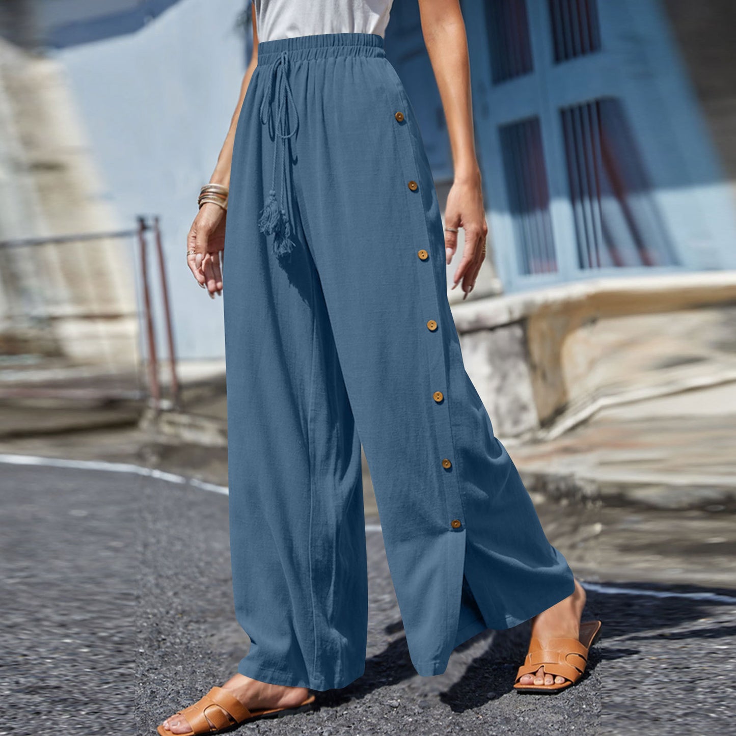 Women's High Waist Casual Trousers Solid Color Elastic Waist Tie Loose Wide Leg Pants For Women