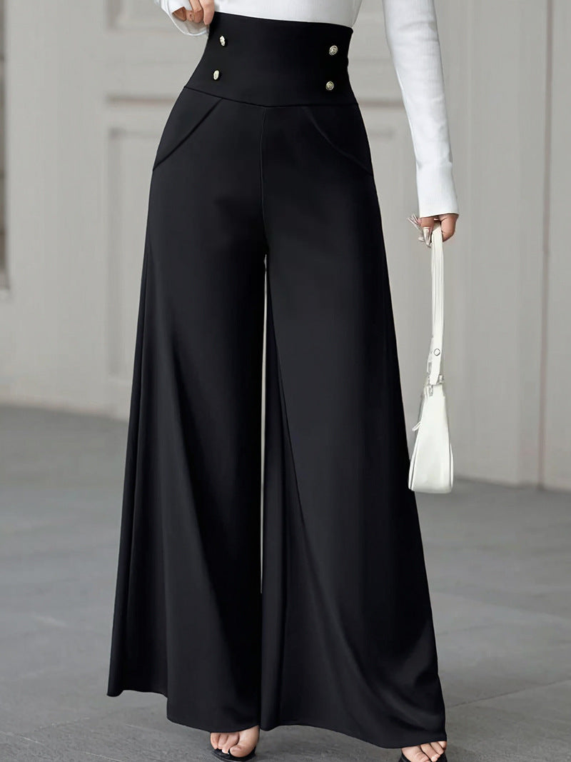 Women's Minimalist Elegant High Waist Tummy Control Black Wide Leg Pants With Pockets Suitable For Work Office Wear