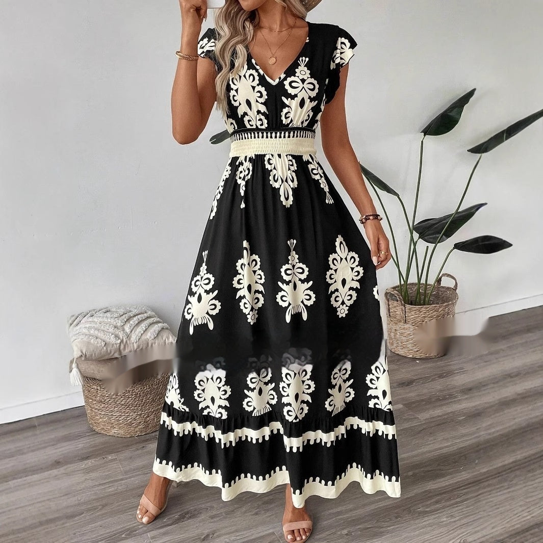 Vacation Style Printed V-neck Large Swing Dress