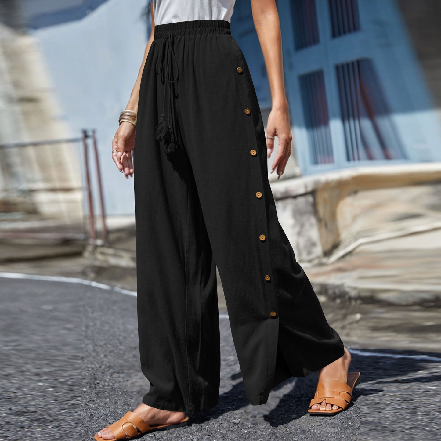 Women's High Waist Casual Trousers Solid Color Elastic Waist Tie Loose Wide Leg Pants For Women