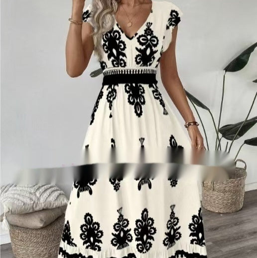 Vacation Style Printed V-neck Large Swing Dress