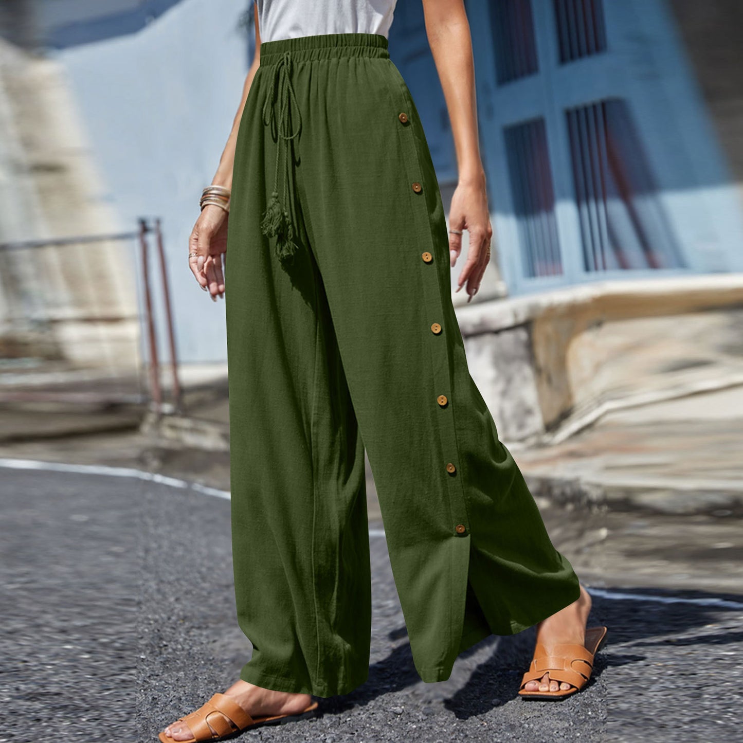 Women's High Waist Casual Trousers Solid Color Elastic Waist Tie Loose Wide Leg Pants For Women