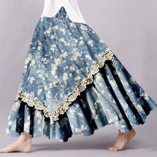 Vintage Floral Lace Patchwork Art Flowy Midi Skirt