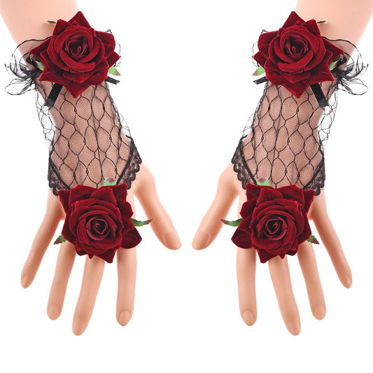 Vintage Lolita Lace Gloves Burgundy Rose Bracelet