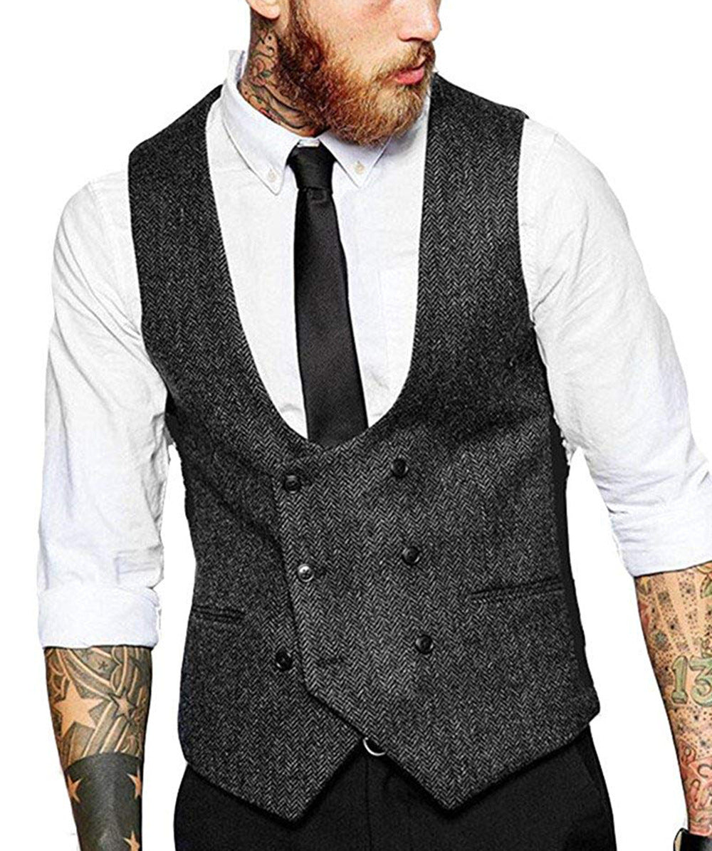Retro Casual Herringbone Pattern Men's Suit Vest Groom Groomsman Slim Fit Vest