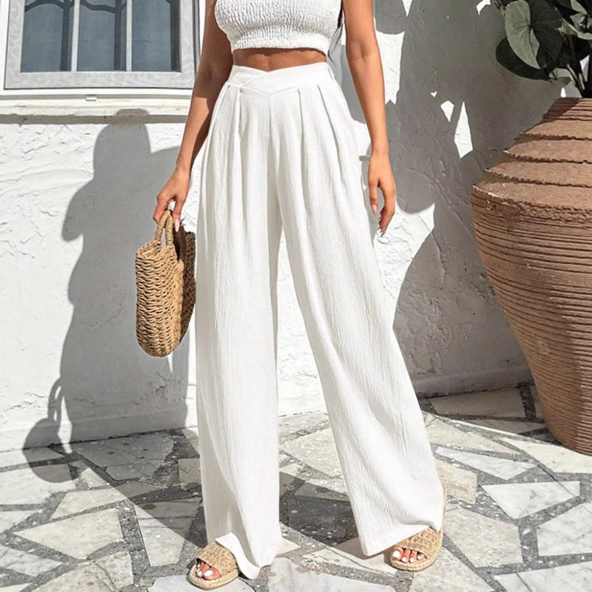 New Commute Style Summer Cross Pleated Casual High Waist Loose Trousers