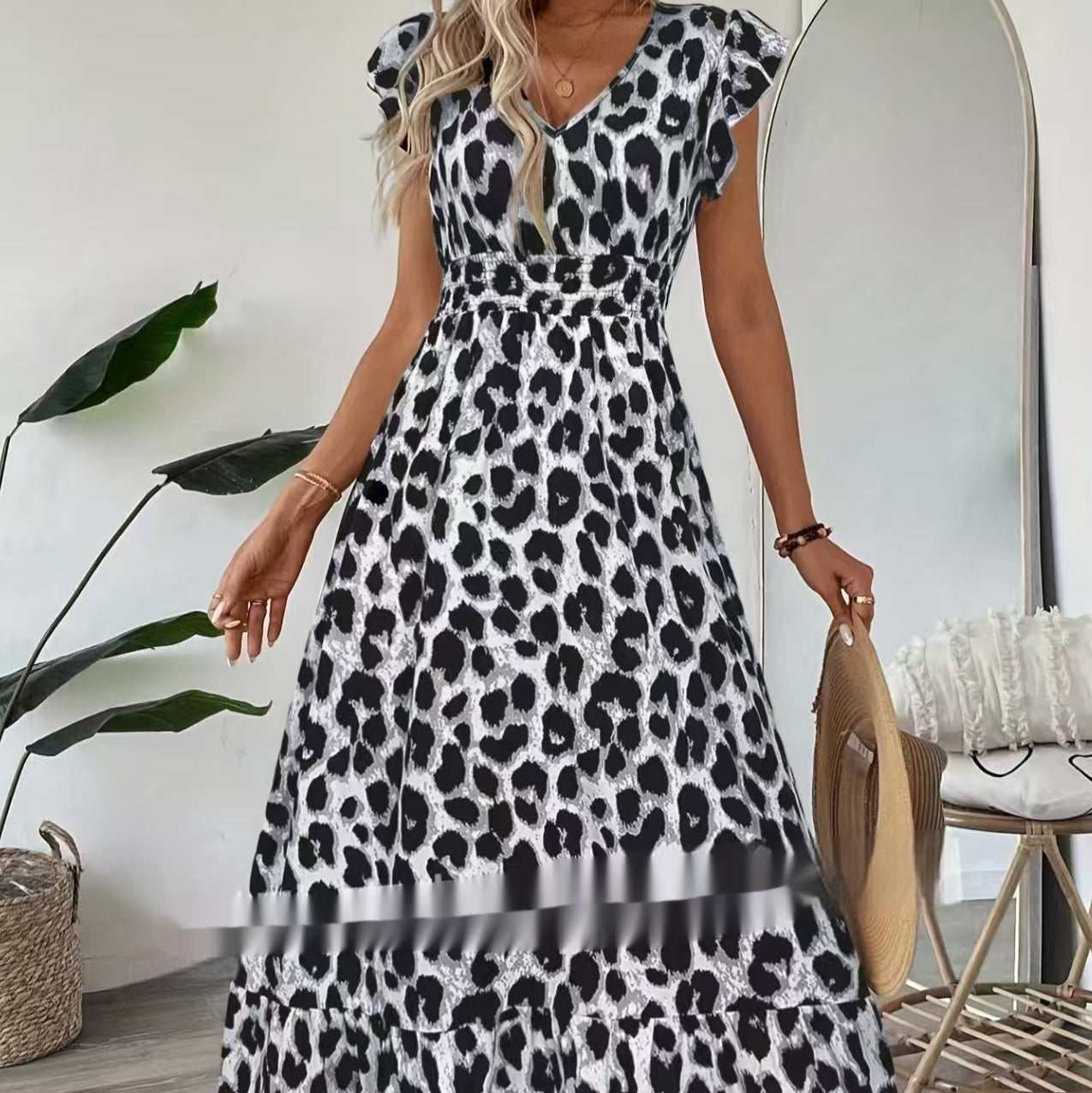 Vacation Style Printed V-neck Large Swing Dress