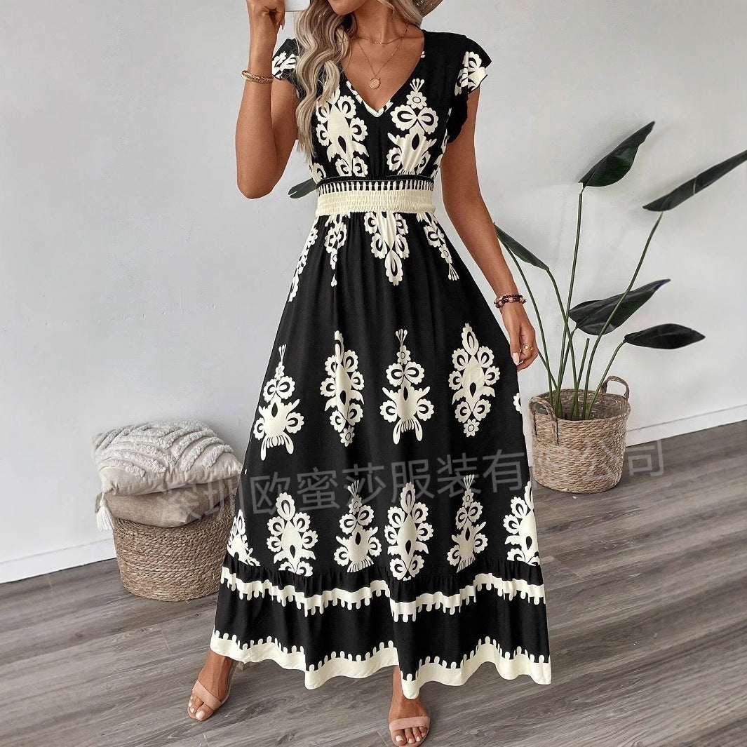 Vacation Style Printed V-neck Large Swing Dress