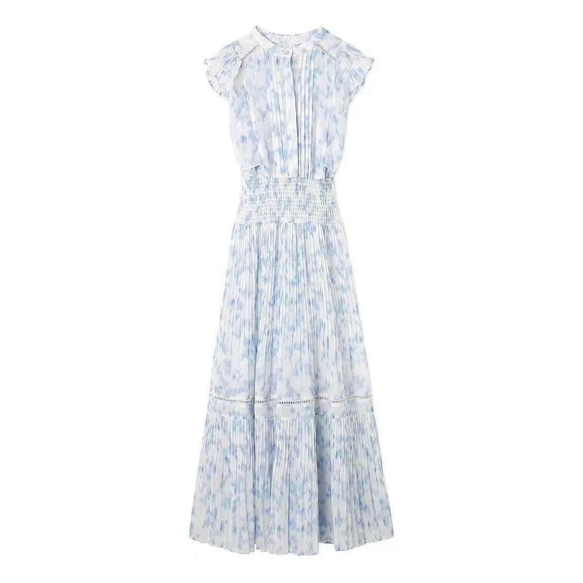 Sweet Flying Sleeve Printed Waist-controlled Pleated Chiffon Dress