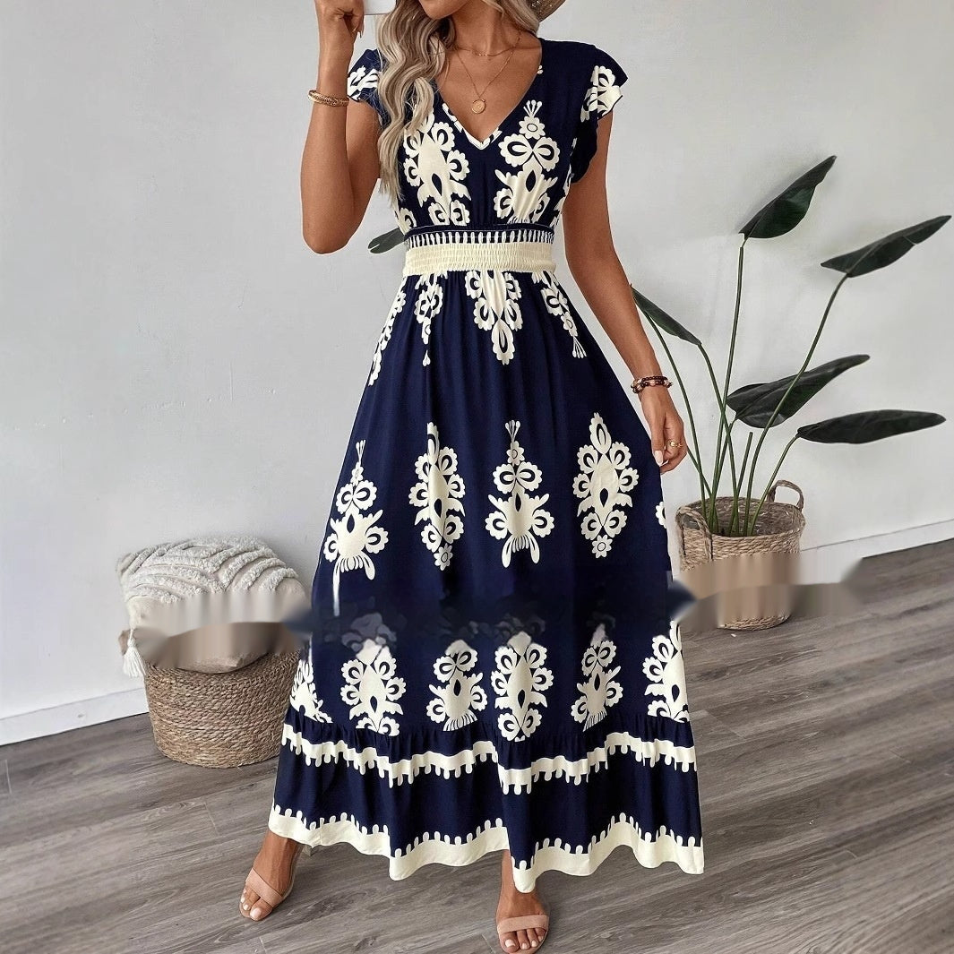 Vacation Style Printed V-neck Large Swing Dress